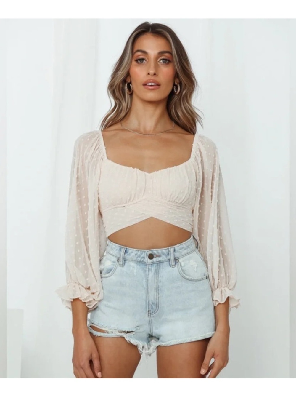 Hello Molly Cream Swiss Dot Puff Sleeve Crop Top